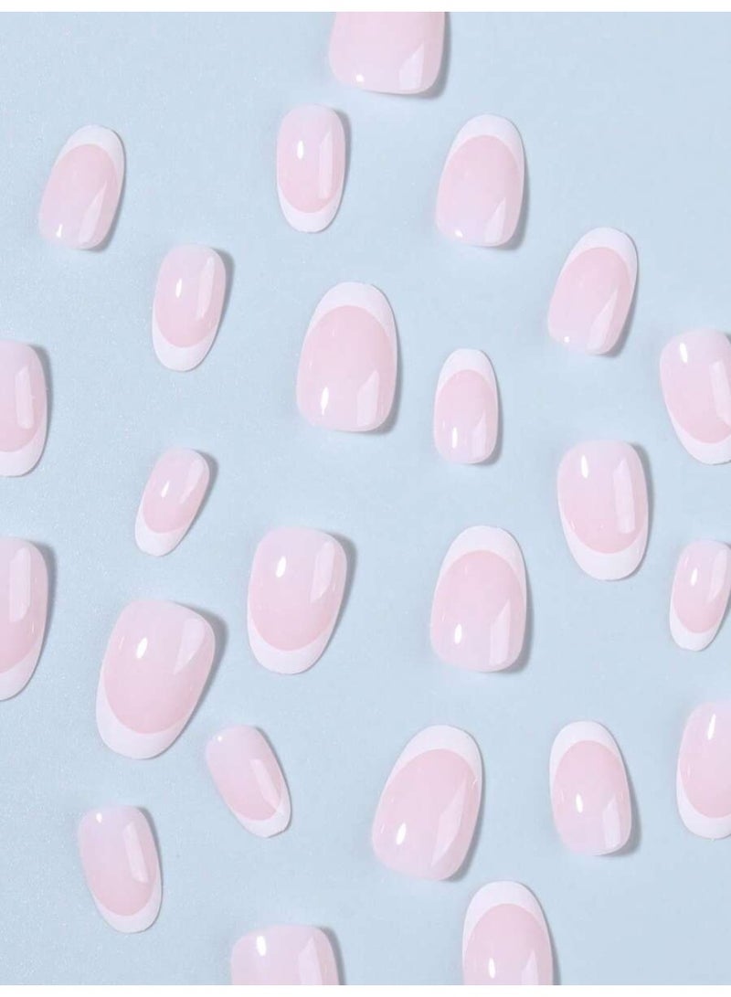 أظافر تركيب فرنسي قصيرة بيضاوية 24 قطعة – لون وردي ناعم مع أطراف بيضاء بتغطية كاملة مع جل ومبرد - Image 3